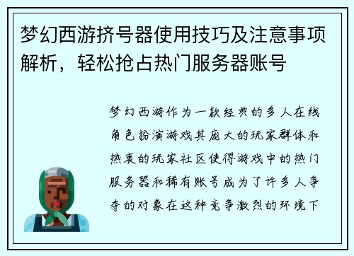 梦幻西游挤号器使用技巧及注意事项解析，轻松抢占热门服务器账号